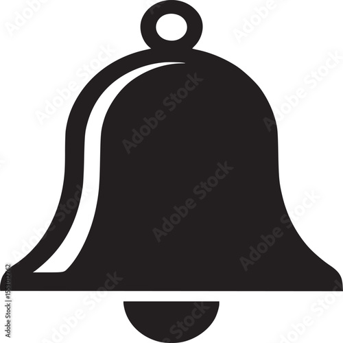 A minimalist black and white illustration of a bell with a clapper against a plain background
