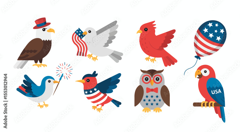 Obraz premium Patriotic bird and animal set. Eagle, cardinal, dove, owl, firecracker, hat, and star bird illustrations with American styling 