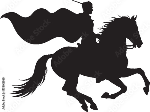 Silhouette of a rider on horseback depicting a historical figure in motion wearing a flowing cape against a white background