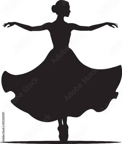 Silhouette of graceful ballerina in a ballet dance pose with flowing skirt and elegant arms extended displaying the art of ballet