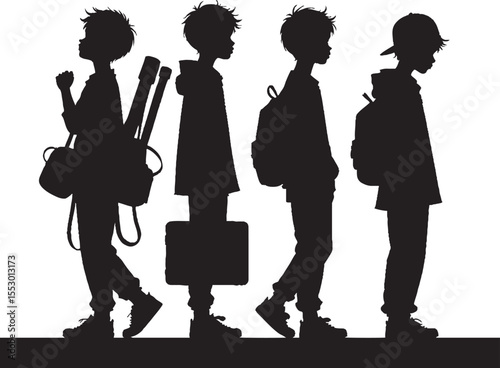 Silhouette series depicting students with diverse accessories representing school life and education against white background