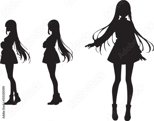 Silhouettes of anime girl in various poses standing alone against a white background illustrating character design and fashion