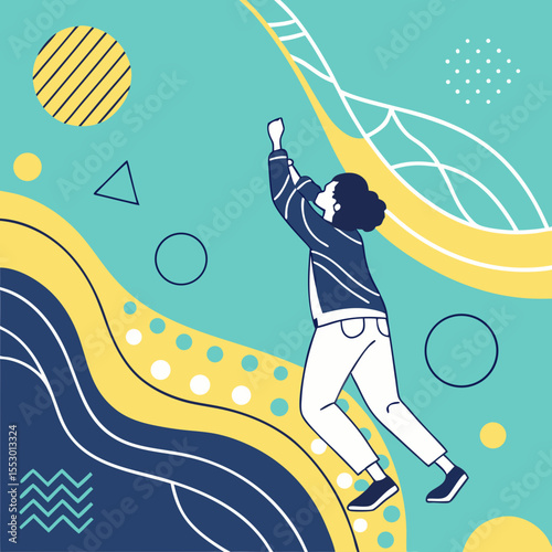 Woman Reaching for Success in a Vibrant Abstract Style