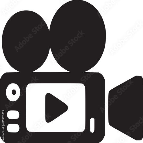 A black and white graphic illustration of a vintage film camera with a play button icon inside