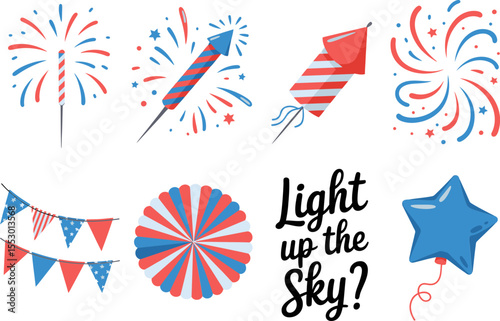 Independence fireworks pack set. Fireworks, garlands, flags, rockets, flash, and star shapes with light up the sky text element  