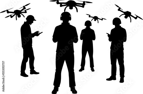 Drone Enthusiasts Man Silhouettes Vector