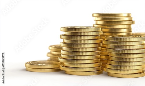 Stack of golden coins on white background with earning profit concept. Gold coins or currency of business. 3D 