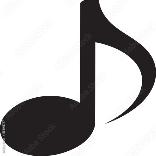 Isolated black musical quarter note with stem and filled note head on a white plain background view