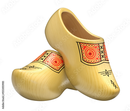 Traditional yellow dutch wooden shoes isolated on transparent background - 3d PNG illustration