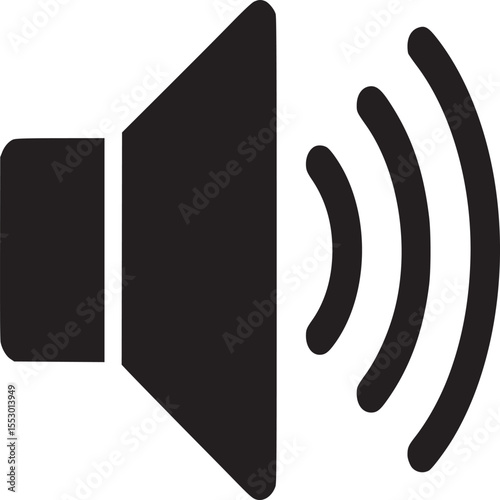 A black and white illustration of a speaker icon with sound waves emanating from the right side