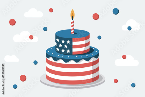 Minimal layer cake vector set. Red frosting, navy stars, birthday theme for American independence day fun celebration  