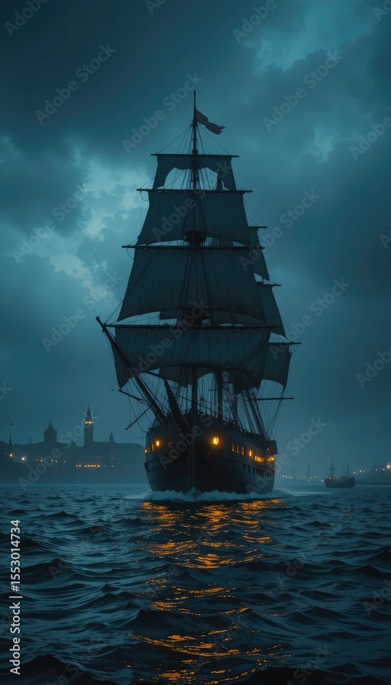 Fototapeta premium Dark Night Sailing Ship Cityscape Teal Ocean tall ship