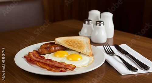Savory Sunrise: A hearty breakfast plate awaits, complete with crispy bacon, fluffy eggs, and savory sausages.
