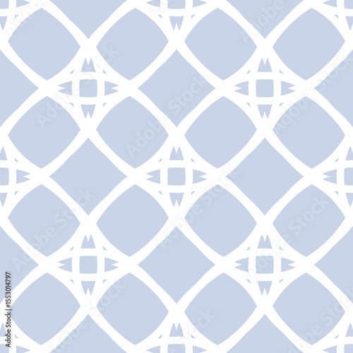 Abstract geometric seamless pattern with linear grid, lattice, diamond shapes. Simple elegant light blue and white background texture. Repeated minimal design for print, cover, textile, linens, decor