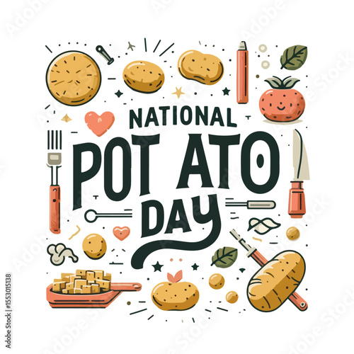 National Potato Day Typography – Playful Celebration Design with Decorative Elements insolated on a white background