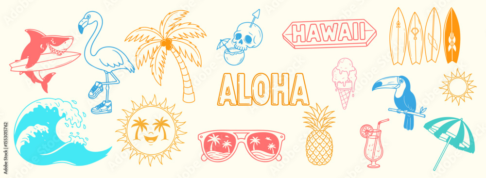 Fototapeta premium Tropical summer vector illustration set. shark, flamingo, skull, pineapple, surfboards, palm tree and more.