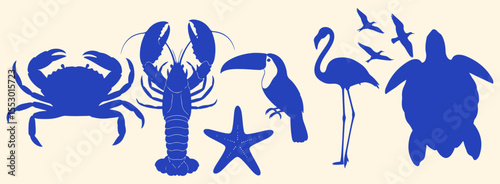 Tropical marine animal silhouette set in bold blue. Includes crab, turtle, flamingo, toucan, lobster, starfish, and birds. Perfect for beach, summer, and ocean-themed