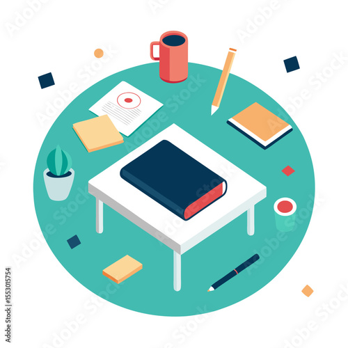 Flat design isometric illustration of a desk with study materials and a coffee mug