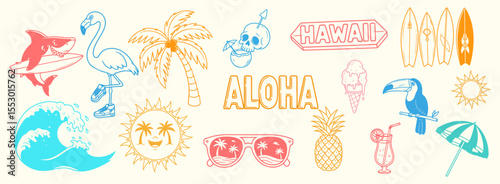 Tropical summer vector illustration set. shark, flamingo, skull, pineapple, surfboards, palm tree and more.