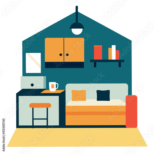 Cozy modern studio apartment interior design with desk and bed