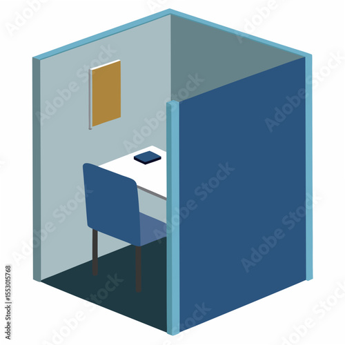Modern office cubicle with desk chair and bulletin board