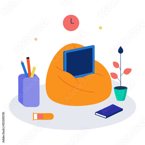 Cozy workspace setup with laptop pencils and plant