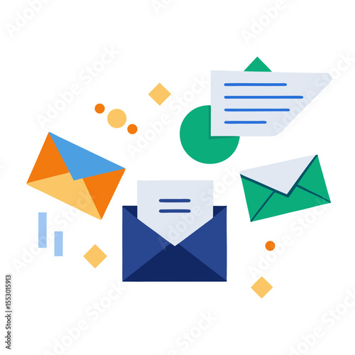 Abstract communication and mail icons with geometric shapes and data visualization elements