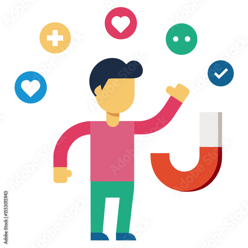 Person attracting likes and positive feedback with a magnet