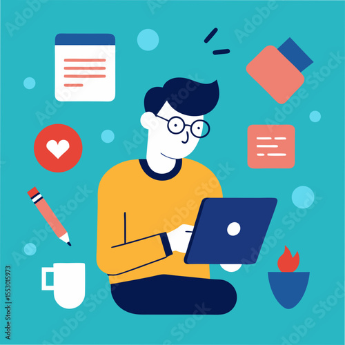 Creative professional working on a laptop surrounded by inspiration and tools