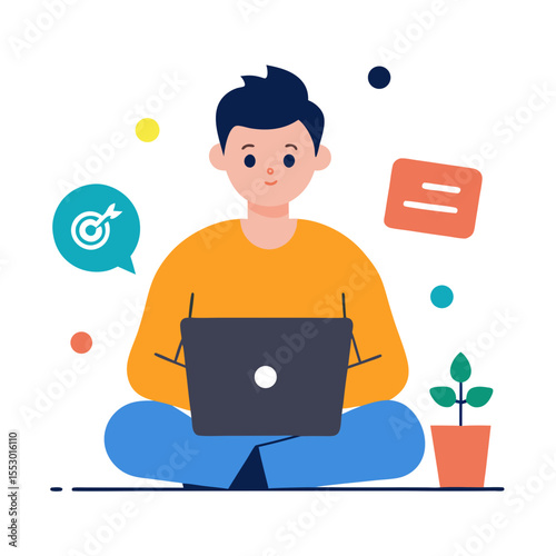 Focused young person working remotely on a laptop with growth and goals