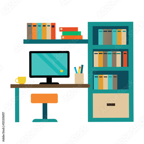 Modern home office setup with computer bookshelf and desk
