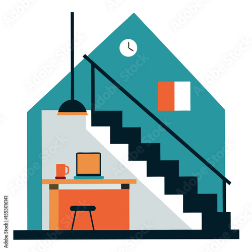 Modern home office underneath a staircase with workspace and decor