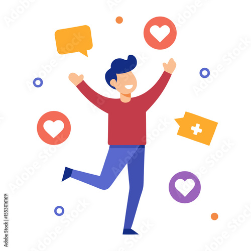 Man celebrating social media likes comments and positive feedback