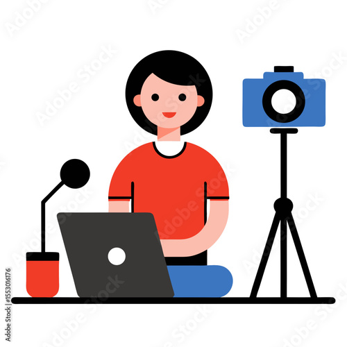 Person creating content with a laptop microphone and camera setup