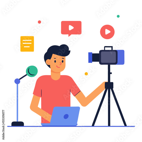 Content creator filming video with camera and microphone