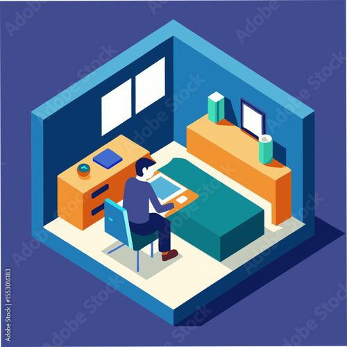 Person working on a computer in a stylized isometric bedroom setting