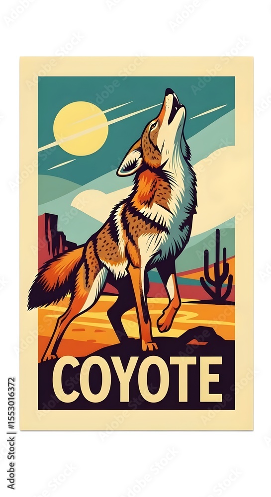 Fototapeta premium vintage retro poster of a coyote, animal, sly, animal, wild, desert, predator, illustration, artwork, wildlife, sly, canine, wilderness, desert animal, retro style, vintage design, wild animal, 