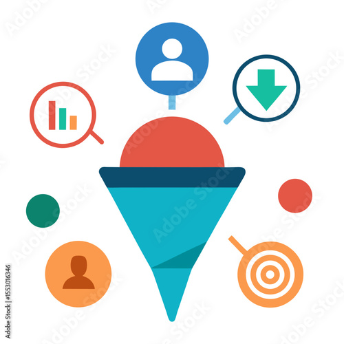 Sales funnel visualization with customer journey and performance metrics