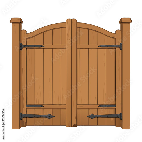 Double wooden garden gate with hinges and frame, isolated object on transparent background
