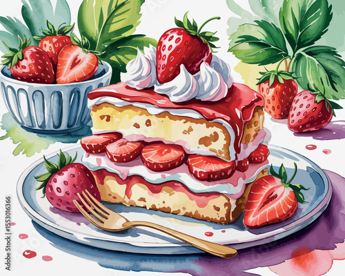 A delectable slice of strawberry shortcake is presented in a charming watercolor style. Layers of fluffy cake, whipped cream, and fresh strawberries create a mouth-watering composition.