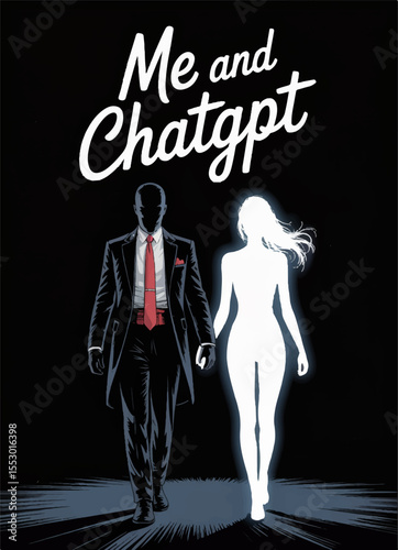An illustration of a poster showing a man and a glowing white silhouette of a woman walking hand in hand with the inscription Me and ChatGpt on top. Vector graphics. EPS.