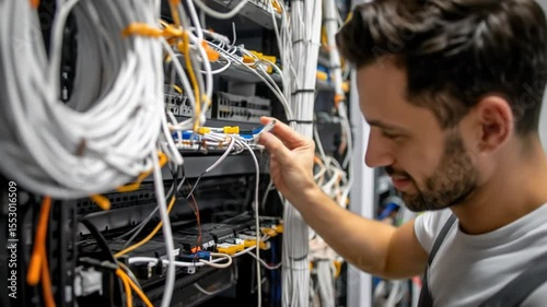 Technician working on network equipment