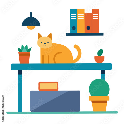 Cute orange cat sitting on a desk with plants and binders