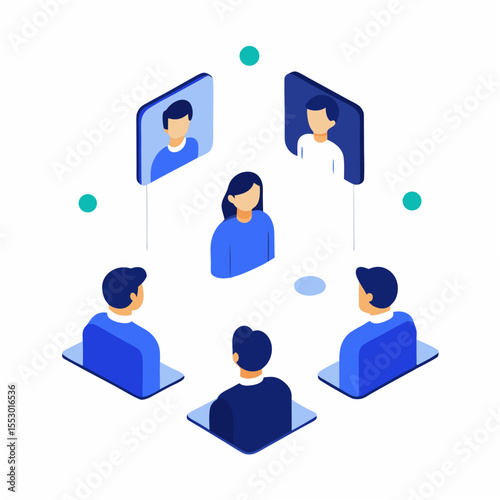 Diverse team collaborating virtually in an isometric digital meeting