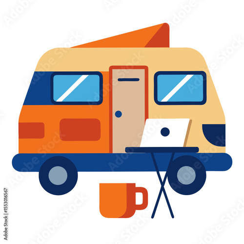 Modern camper van with laptop and coffee for remote work