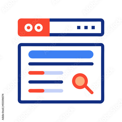 Digital search engine interface with magnifying glass and results