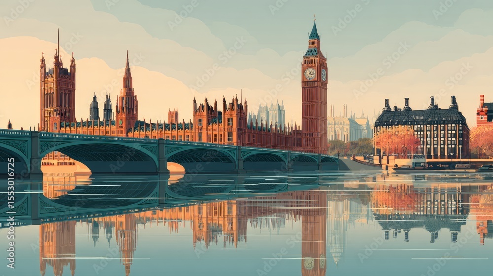 Naklejka premium Depiction of the Palace of Westminster, Elizabeth Tower, and Westminster Bridge in an illustrated style. 