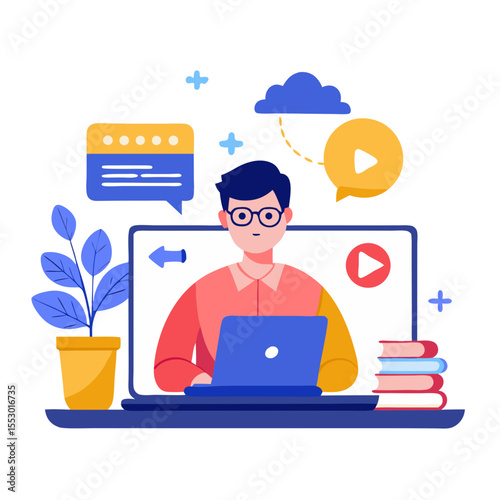 Online webinar concept e-learning web conference learn on internet Online workshops where participants can interact in real time Person using laptop with webinar icon on virtual screen modern flat