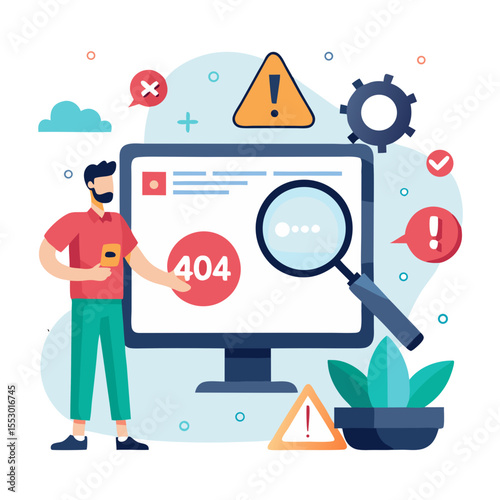 Cyber attack and security alerts concept Network failure dangers Person using magnifying glass focus to error 404 alerts on virtual screen Caution of spam in website digital technology modern flat