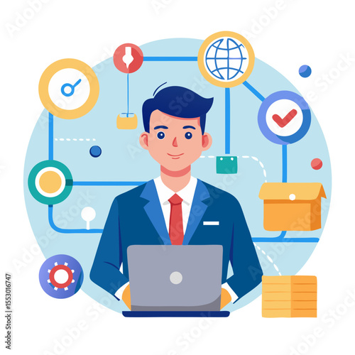 Logistic and transport concept Businessman using laptop with supply chain technology for logistic management organizing and controlling resources to meet the needs of customers modern flat design